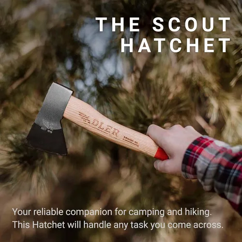 Vista 2 de Adler Hacha de explorador – Hacha de campamento forjada alemana con funda de cuero, bushcraft compacto y hacha de senderismo, cabeza de acero al