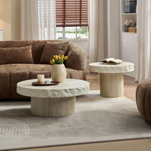 Vista 5 de JUSTONE Mesa de Centro Redonda para Sala de Estar, Mesa de Acento Moderna de 31.5 Pulgadas con Acabado de Piedra Artificial Beige Desgastado, Mesa