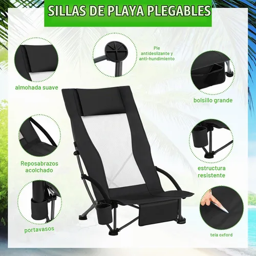 Vista 4 de Spiareal Paquete de 2 sillas de respaldo alto para adultos con reposacabezas, bolsa de transporte, mochila portátil, silla de playa plegable, 300