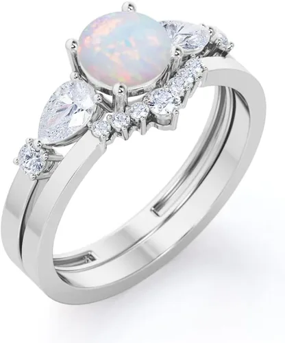 Vista 5 de Opal Ring Set Opal Engagement Rings for Women 10K 14K 18K Gold Opal Wedding Ring Set Bridal Sets Opal Anniversary Ring Promise Ring For Her Free