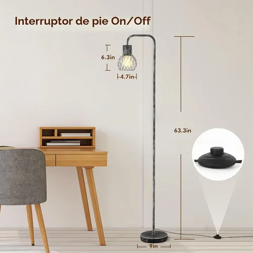 Vista 5 de Lámpara de pie industrial, lámpara de pie plateada antigua moderna con bombilla LED de 6 W, interruptor de pie, lámparas altas de metal para sala