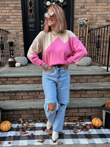 Vista 7 de Dokuritu Suéter de punto básico de invierno para mujer manga larga cuello redondo bloque de color casual ajuste holgado