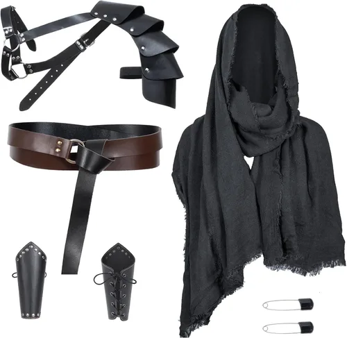 Vista 14 de Cinturón de cuero de caballero medieval para hombre, chal renacentista, capa de medio hombro, bufanda, brazaletes con hebilla, accesorios retro