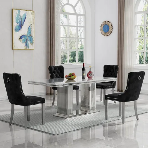 Vista 72 de Juego de mesa de comedor de 5 piezas para 4, mesa de cocina de mármol negro de 68 pulgadas con 4 sillas beige, mesa de comedor rectangular moderna