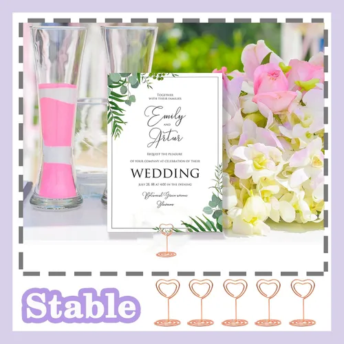 Vista 5 de CUNGLIN Soporte para números de mesa, soporte para tarjetas de lugar, paquete de 20 unidades, soporte dorado en forma de corazón para bodas