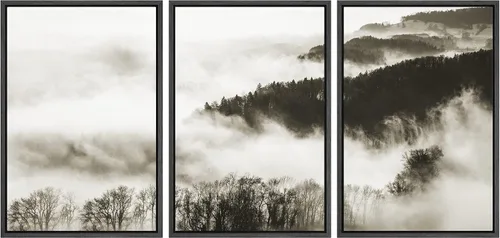 Vista 37 de SIGNWIN Lienzo enmarcado para pared, juego de decoración de guardería de bosques, niebla y niebla sobre bosque de montaña oscura, naturaleza, arte