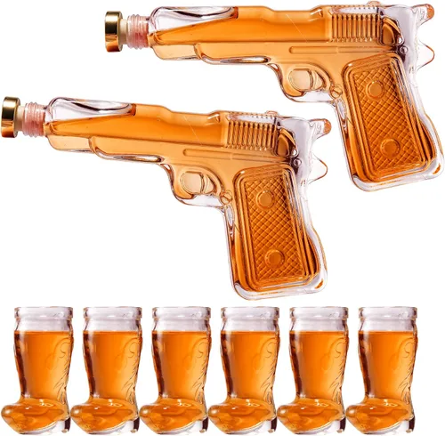Vista 2 de Juego de decantador de pistola y vasos de chupito para fiesta, decantador de pistola de whisky y vaso de chupito, vertedores y tapón, 2 decantadores