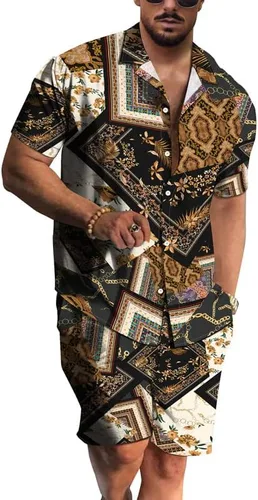 Vista 2 de RPOVIG Conjunto de 2 piezas con sombrero de pescador para hombre camisa a juego pantalones cortos hawaianos para festivales florales