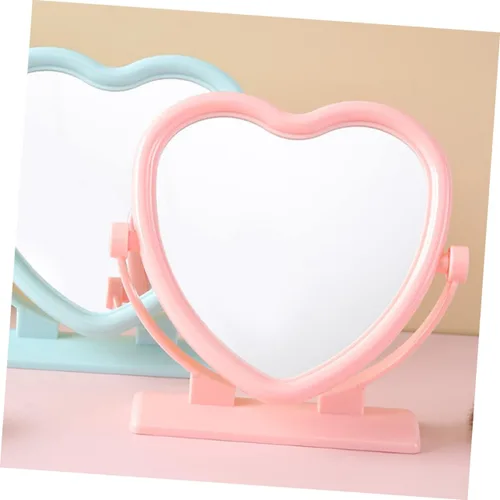 Vista 3 de Outanaya Espejo de mesa en forma de corazón de doble cara rosa tocador de escritorio decorativo espejo de 2 lados
