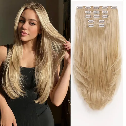 Vista 11 de Extensiones de cabello sintético con clip, color burdeos de 18 pulgadas de largo, invisibles, gruesas, extensiones de cabello lacio con clips, 5