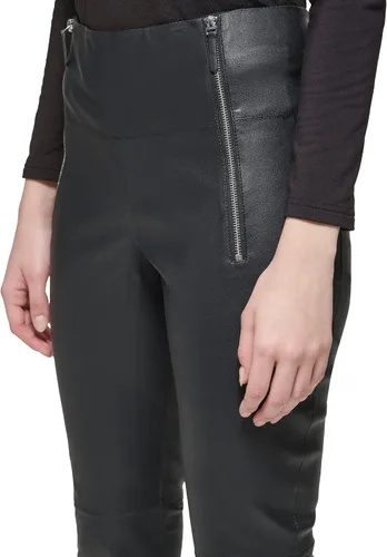 Vista 2 de Karl Lagerfeld Paris Pantalones de cuero elástico con cremallera para mujer con detalle de puntada superior