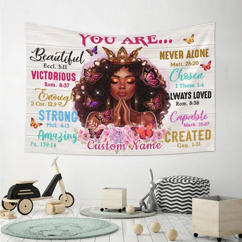 Vista 3 de QOQIOSOC Tapiz personalizado para mujer negra con nombre, tapiz para colgar en la pared de yoga afroamericano, meditación, tapiz para colgar