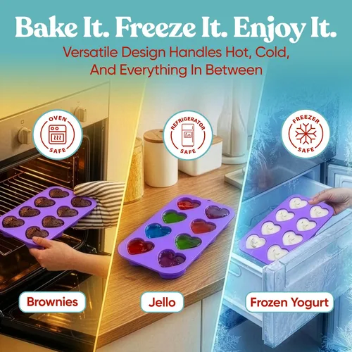 Vista 3 de Bakerpan Paquete de 2 moldes de silicona para hornear – Mini moldes para pasteles en forma de corazón para cupcakes, magdalenas, brownies y postres