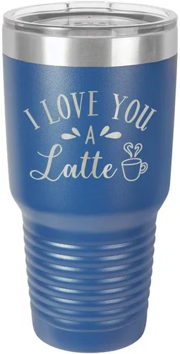 Vista 11 de Taza de viaje de acero con recubrimiento de polvo grabado con láser, con texto en inglés "I Love You A LATTE Engraved Tumbler", sin BPA