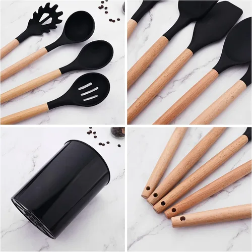 Vista 5 de 1 cucharón de silicona negra para sopa profunda, resistente al calor, cuchara de goma antiadherente grande con mango de madera para cocinar 1