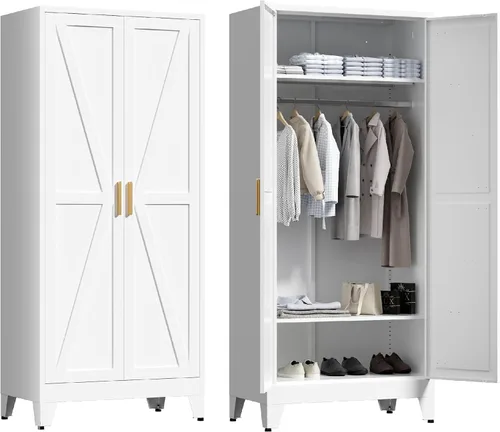 Vista 17 de Washsemba - Armario de guardarropas de metal de casa rural de 71'' con barra para colgar, 2 armarios de puerta de granero con estantes ajustables, 2