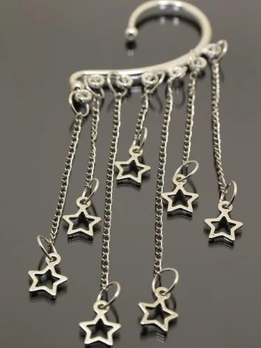 Vista 3 de Orejera de estrella, aretes de plata, sin perforaciones, piercing falso, brazalete de cadena larga, aretes de imitación de piercing llamativo