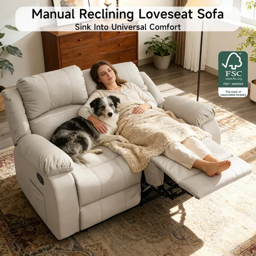 Vista 3 de Sofá reclinable de dos plazas de cuero, sofá reclinable de 2 plazas para sala de estar, sofá para cine en casa (Sofá de dos plazas, Beige)