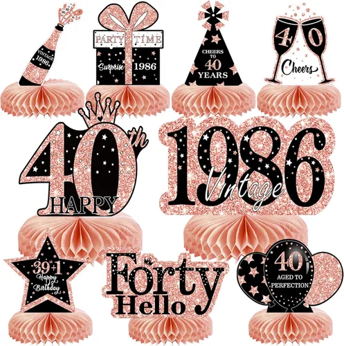 Vista 26 de 9 piezas de decoración de cumpleaños negro dorado 16 centros de mesa de panal para niños y niñas, centros de mesa de feliz cumpleaños 16 Oro negro 16