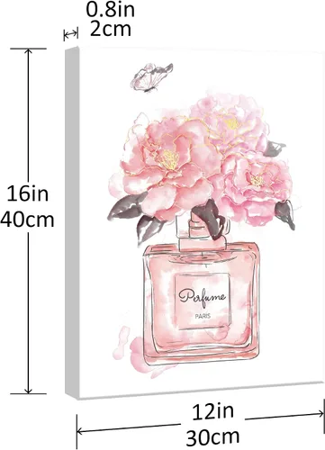 Vista 5 de SUMGAR Arte de pared rosa para dormitorio de niñas, decoración de pared de perfume de moda, flores, mariposas, cuadros de lienzo con marco gris