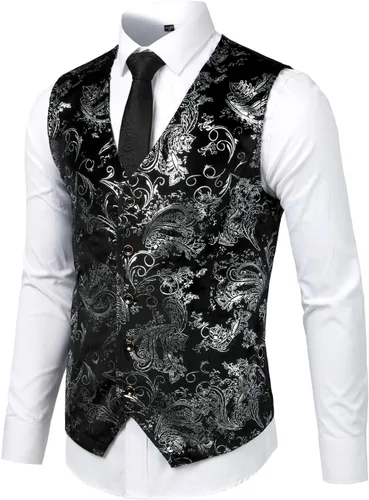 Vista 3 de ZEROYAA Chaleco de traje de cuello en V con estampado de cachemira metálico para hombre, chaleco de esmoquin