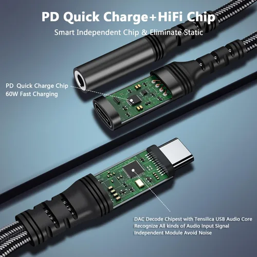 Vista 4 de [Usado] Adaptador de auriculares USB C 2 en 1 con adaptador de carga PD de 60 W, compatible con Galaxy S23 Ultra/S23/S22/S22+/S21/S20FE/A53/Note