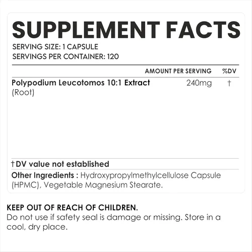 Vista 2 de AMALTH Polypodium Leucotomos Cápsulas 240 mg Suplemento de extracto de Polypodium Leucotomos Suplemento de extracto de Polypodium Leucotomos