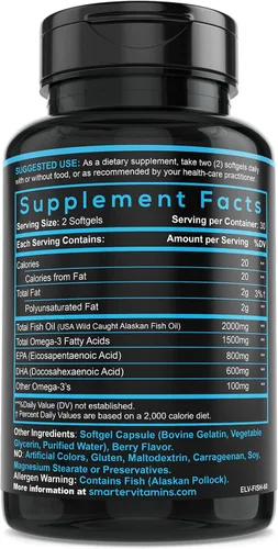 Vista 6 de SmarterVitamins Aceite de pescado Omega 3, sabor a fresa, sin eructos, insípido, 2000 mg, DHA EPA Triple fuerza apoyo cerebral, apoyo