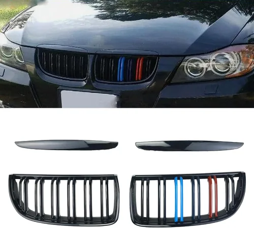 Vista 6 de Rejilla frontal de riñón compatible con BMW X5 E70 2007-2013 X6 E71 2008-2014, rejilla ABS de doble ranura en negro brillante, 2 piezas