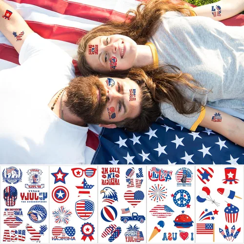 Vista 5 de Trajes para mujer del 4 de julio, paquete de 120 tatuajes patrióticos de bandera de Estados Unidos, color rojo, blanco y azul, suministros