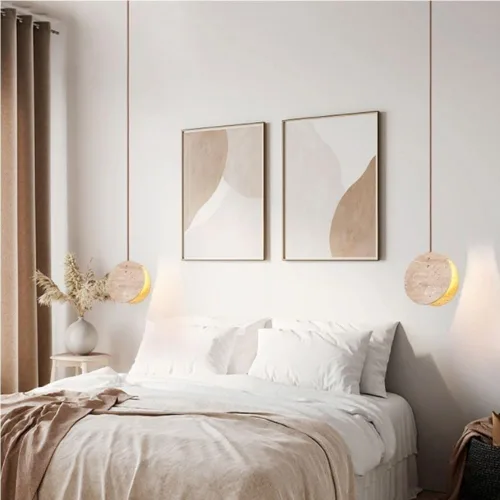 Vista 2 de Farmhouse Pendant Lights Fixtures Mini Natural Yellow Travertine Hanging Lamp Japanese Wabi-Sabi Height Adjustable Chandelier for Living Room