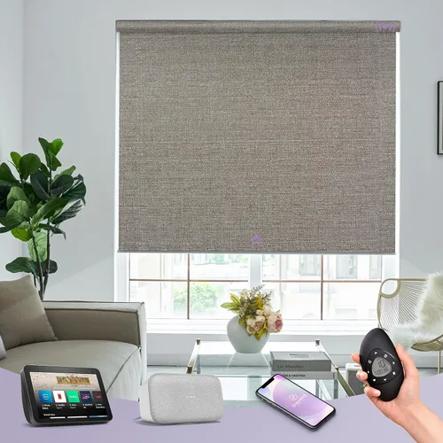 Vista 21 de Graywind Persianas enrollables motorizadas 100% opacas compatibles con Alexa Google, de vinilo, impermeables, inalámbricas, control remoto A-Beige