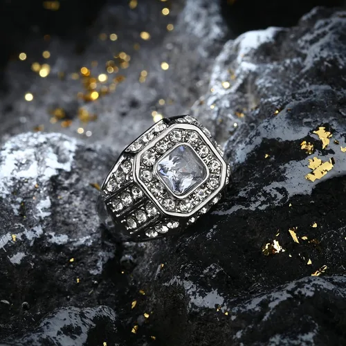 Vista 4 de FIASASO 6 anillos chapados en oro de 18 quilates para hombres, anillo de imitación de diamantes de imitación para helados, anillo redondo de hip hop