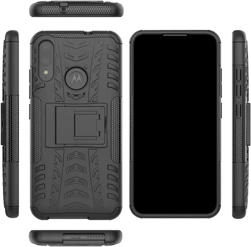 Vista 7 de Funda para teléfono Moto E6 Plus con protector de pantalla de vidrio templado y soporte, accesorios de protección híbrida dura, resistente, Negro