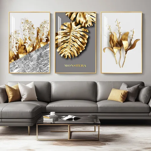 Vista 25 de Arte de pared moderno enmarcado en blanco y negro, 3 piezas de impresiones contemporáneas grandes para paredes, juego de 3 imágenes de hojas doradas
