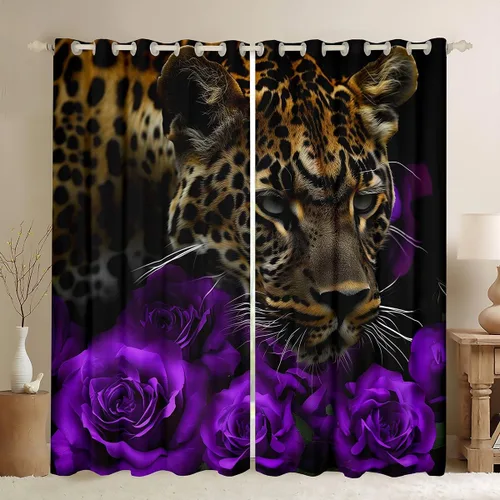 Vista 34 de Erosebridal Cortinas de Rosas Rojas 3D Tratamientos para Ventanas de Guepardo, Paneles de Cortinas con Estampado de Gato Leopardo para Sala