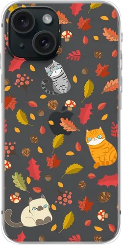 Vista 2 de Blingy's Funda compatible con iPhone 15, divertido estilo gato con patrón de hojas de otoño, lindo diseño de animales de otoño, funda protectora