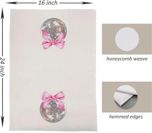 Vista 5 de Toallas de Cocina Coquette con Lazo Rosa Bola de Discoteca, Toallas de Mano Preppy Rosa para Baño, Decoración de Baño Coquette Preppy, Toallas