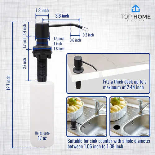 Vista 2 de Dispensador de jabón para fregadero de cocina, bomba de acero inoxidable mate negro para encimera, botella grande con repuesto superior
