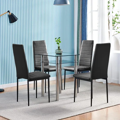 Vista 8 de Juego de 4 mesas de comedor y sillas negras modernas de 5 piezas para cocina pequeña, mesa rectangular de vidrio templado y 4 sillas de piel