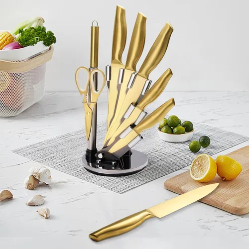Vista 7 de Juego de cuchillos de cocina dorados con bloque, 8 cuchillos de chef de acero inoxidable de alto carbono con revestimiento de titanio dorado