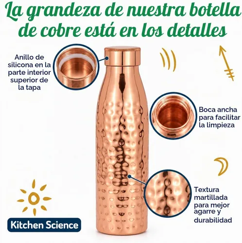 Vista 3 de Kitchen Science - Botella de agua de cobre martillado de 34 onzas con bolsa de transporte, a prueba de fugas, resistente, botella ayurvédica