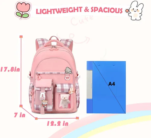Vista 3 de Mochila para niñas, mochila escolar linda para niñas, niños y adolescentes, mochila Kawaii para primaria, Rosa, Mediana, Mochilas Tradicionales