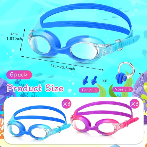 Vista 2 de Macarrie 6 gafas de natación para niños, sin fugas, antiniebla, para niños y niñas, con clip para la nariz, tapones para los oídos, de 3 a 14 años