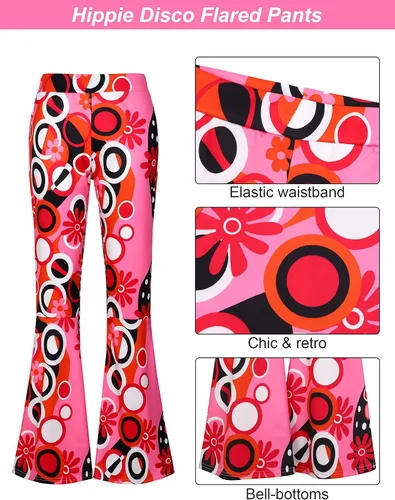 Vista 5 de SOMSOC Paquete de 7 disfraces hippie de los años 70 para mujer, pantalones acampanados bohemios, teñido anudado, diadema, collar, aretes, peluca