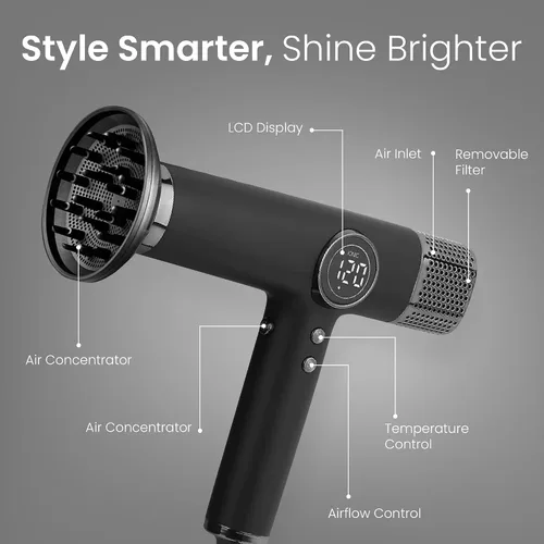 Vista 2 de Secador de pelo para salón-1800W de alta velocidad potente secador de pelo con calor turbo ligero a110,000 RPM para secado rápido, negro