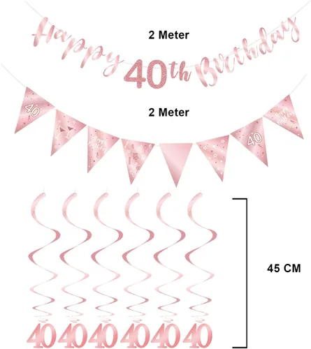 Vista 2 de Decoración de cumpleaños número 40 de oro rosa para niñas, pancarta de feliz cumpleaños 40, remolinos de banderines, pancarta de bandera triangular