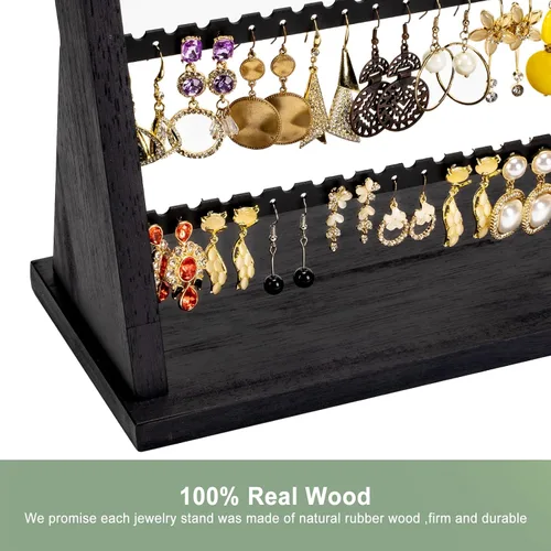 Vista 4 de Poyilooo Soporte organizador de aretes, estante de madera rústica para aretes, organizador de joyas de 5 capas con 270 agujeros de árbol para aretes
