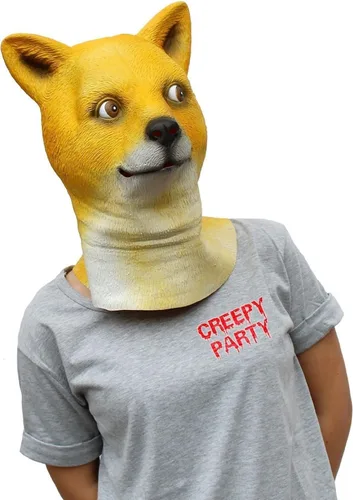 Vista 2 de CreepyParty Máscara de cabeza de perro de animal, máscara de látex para Halloween, fiesta de disfraces, máscaras de perro Shiba