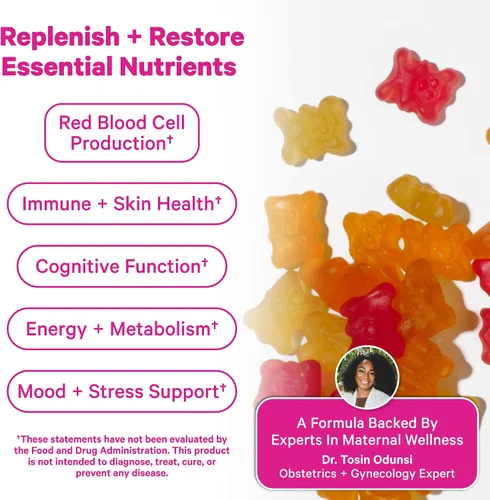 Vista 3 de Pink Stork Gomitas Vitamínicas Totales Posnatales - Multivitamínico para la Recuperación Posparto y Apoyo a la Lactancia - Ácido Fólico, B6